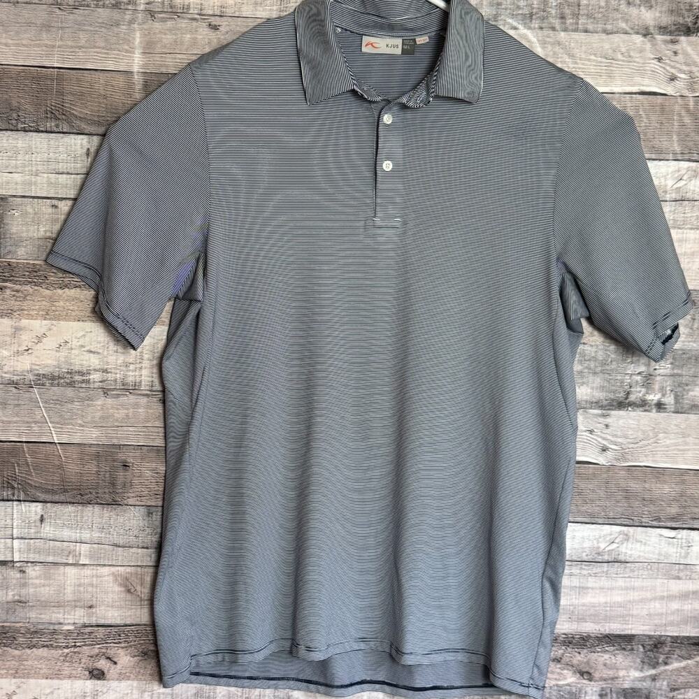 KJUS Polo Shirt Mens Large Navy Striped Performance Golf UPF50 Stretch